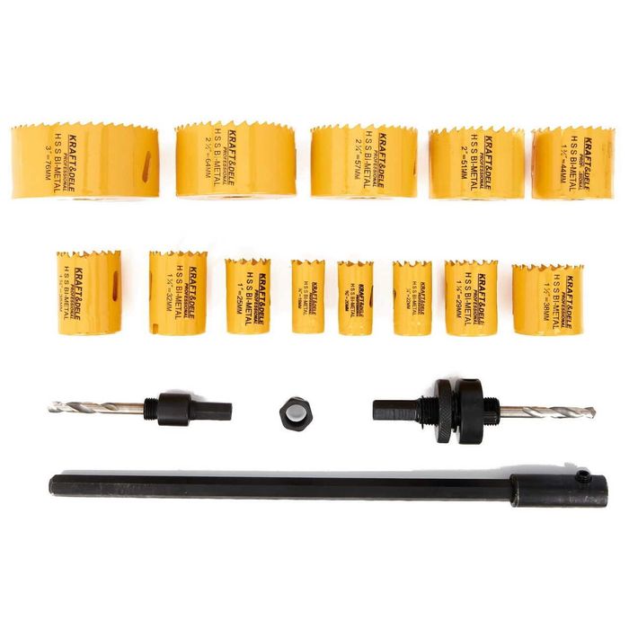 Set carote pentru lemn si metal cu adaptor, 19-76 mm, 17 piese, Kraft
