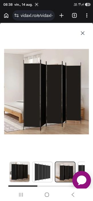 Paravan de cameră cu 5 panouri, negru, 250x200 cm, textil