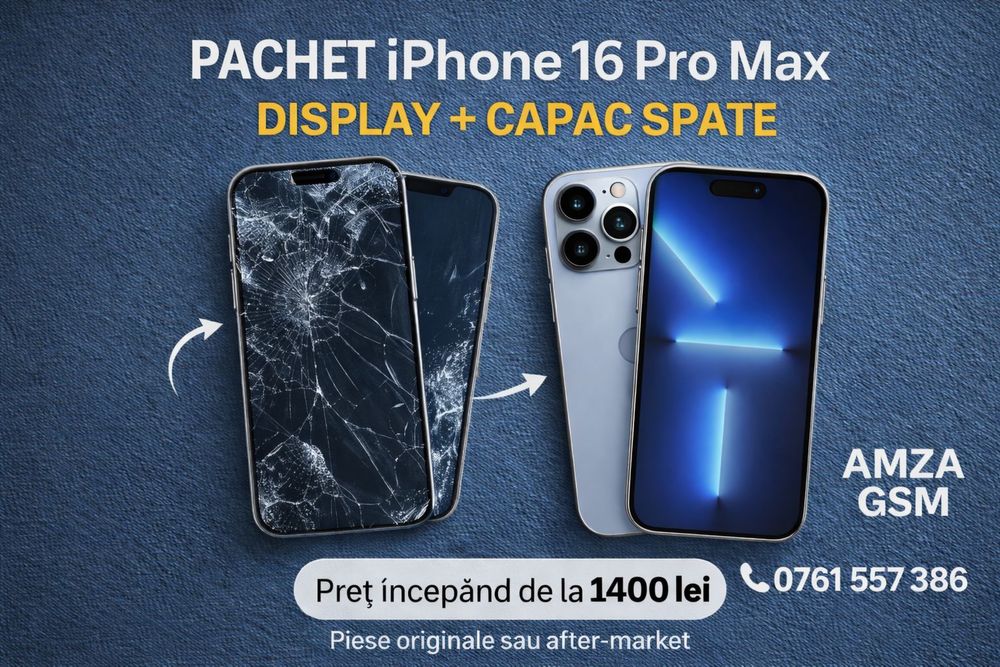 Pachet Display + Sticla Spate iPhone 16 Pro Max 15 14 13 12 Plus Ecran
