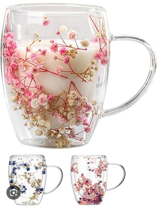 Кружка стеклянная, с двойными стенками и цветами, 250, 350 мл