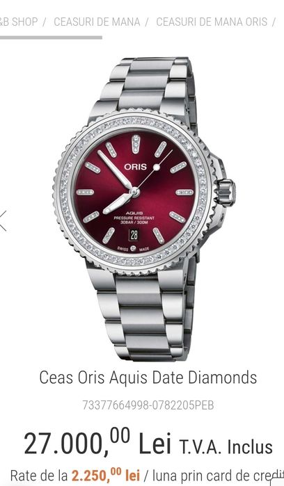 Ceas Elvetian Oris Aquis Diamonds Automatic Barbatesc Nou