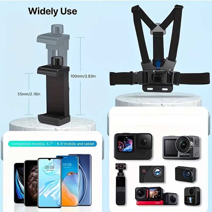 3in1 Комплект за GoPro, DJI, Insta и телефони - За глава, гърди, каска