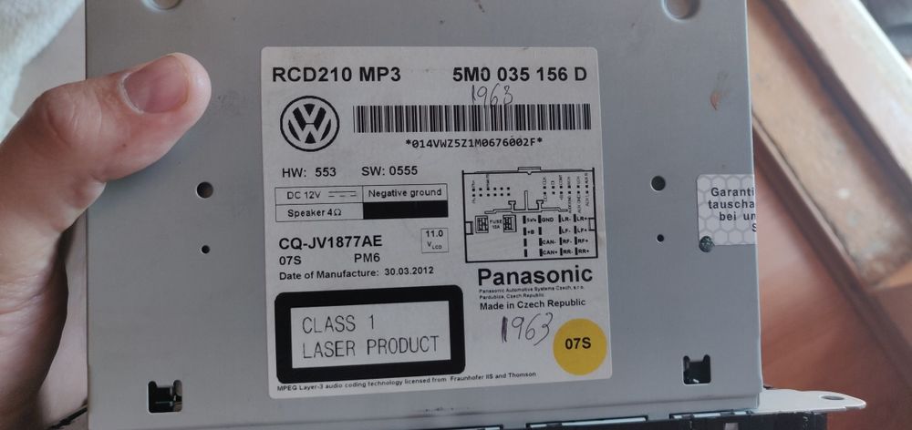 MP3 player original ww polo 2010 marca panasonic, antifurt opel