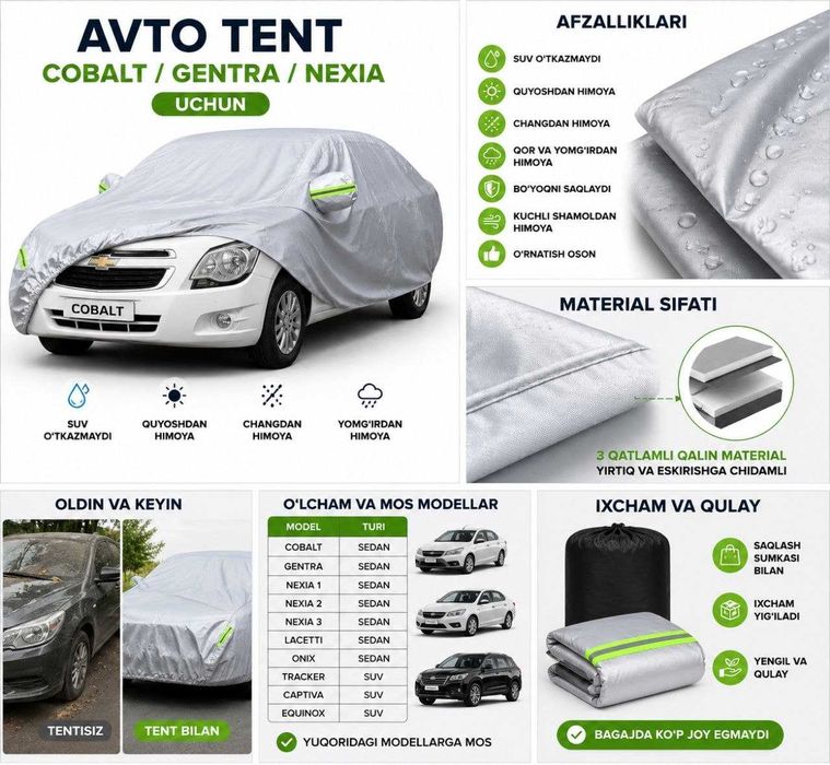 Avtotent Premium. Cobalt, Gentra, Nexia, Tracker uchun sifatli tent