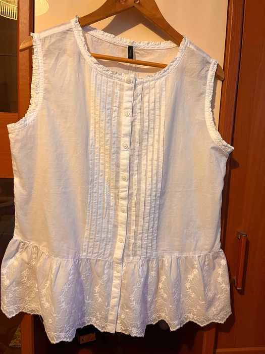 Bluza bumbac alba transparent Benetton Group, fara maneci