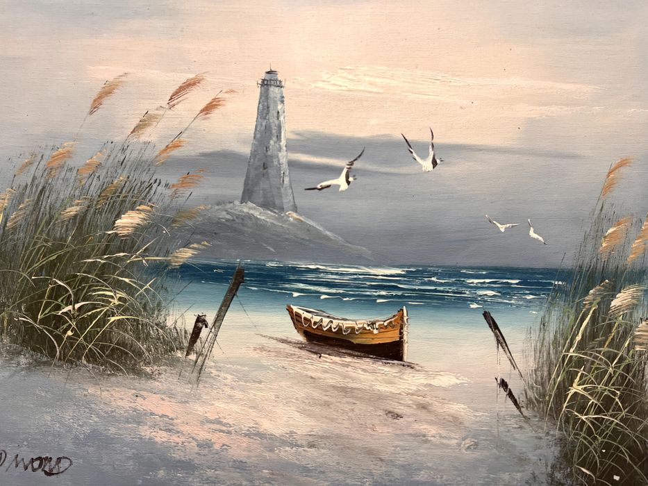 Pictura in ulei pe panza ce reprezinta o atmosferă de coastă liniștită, culori calde de apus