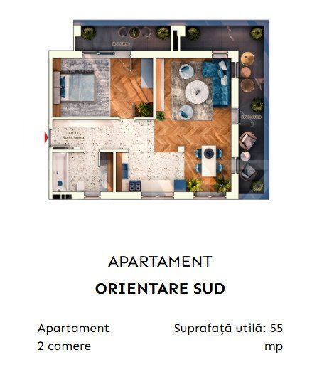 Apartament 2 camere semidecomandate, 52 mp, 9.30mp balcon, parcare sub