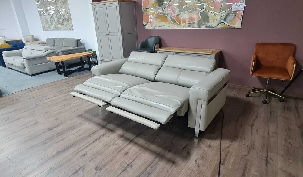 ПРОМОЦИЯ! Сив кожен диван тройка "Moreno" с ел. релакс механизъм