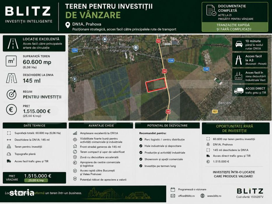Teren 6,06 Ha, deschidere 145 ml, la DN1A. Barcanesti.