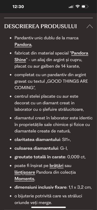 Pandantiv Pandora original argint aur diamant