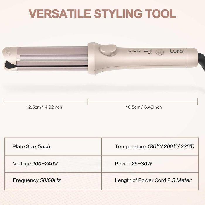 LURA Преса за коса и маша 2 в 1 Керамична йонна 25 мм Бързо загряваща