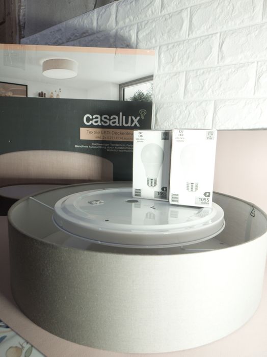 Plafonieră Casalux textilă gri Ø38 cm, 2xE27, cu 2 becuri LED incluse – Nouă
