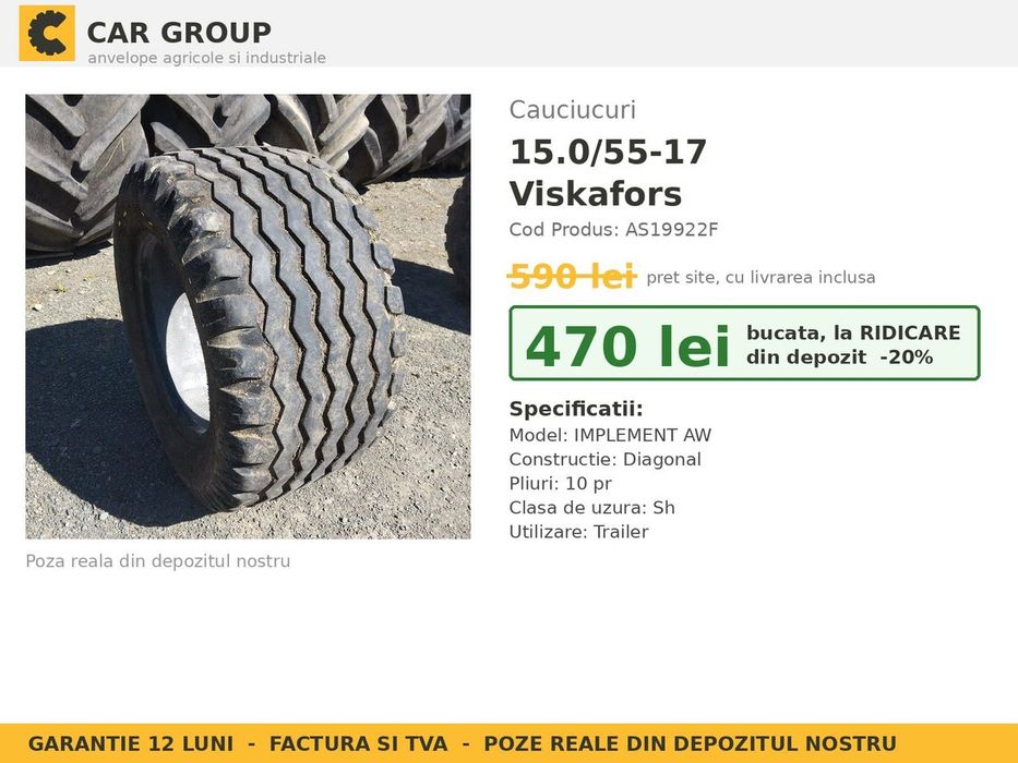 Cauciucuri Anvelope 15.0/55-17 15.0/55 17 1505517 Viskafors Remorca si Implement Utilaje Agricole SH Second Hand FACTURA TVA Garantie 1 An Stoc Real