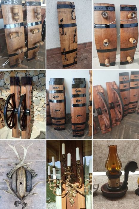 Осветление, декорация, лампи от колела от каруца и бъчви