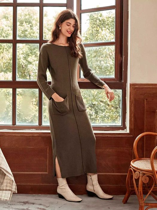 Есенно-зимна рокля, Дълга рокля, Кафява рокля, Топла рокля, Елегантна