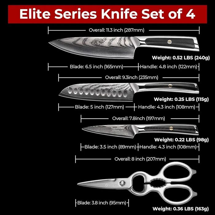 Sunnecko - Set profesional de 4 piese din otel damasc pentru chef