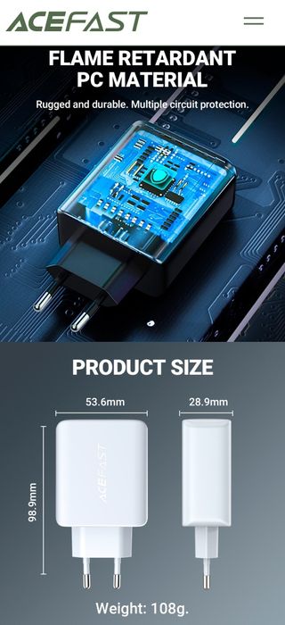 Acefast 40W GaN⁵ Quick Charger 4.0 Dual USB-C For iPhone/iPad/Tablets