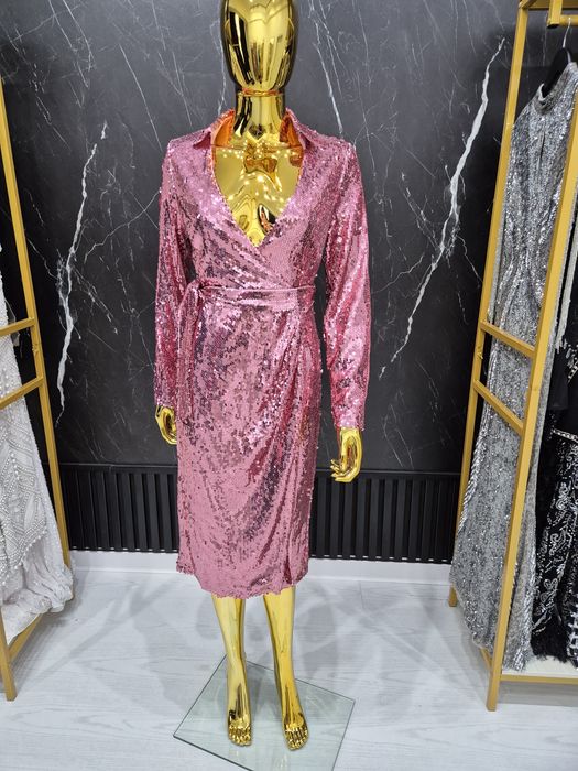 Rochie roz midi cu paiete Boohoo