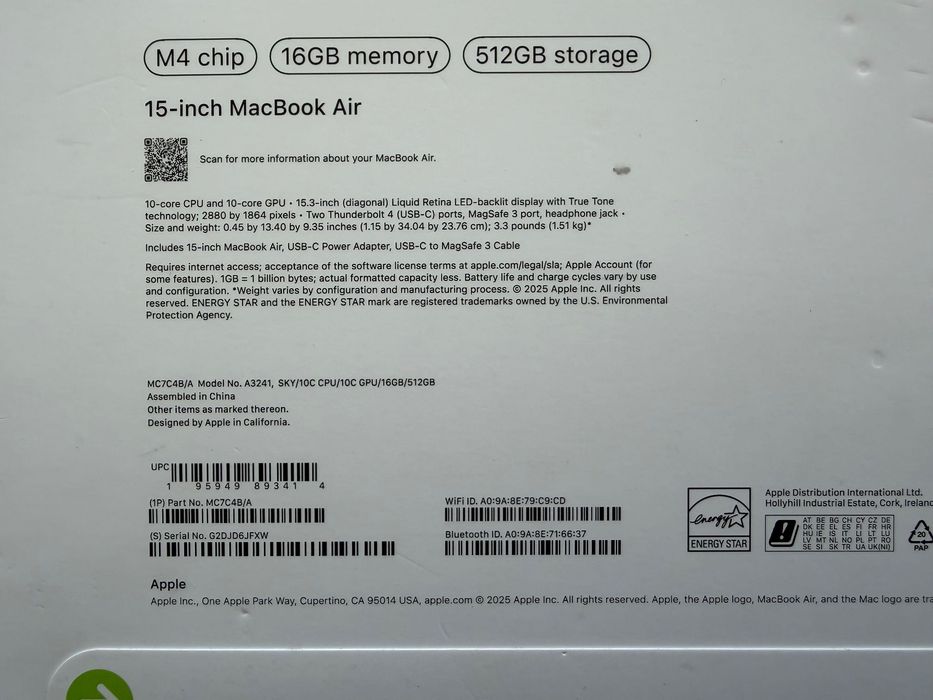 НОВ MacBook Air 15" M4 Chip 10-CPU, 10-GPU, 16GB RAM, 512GB SSD