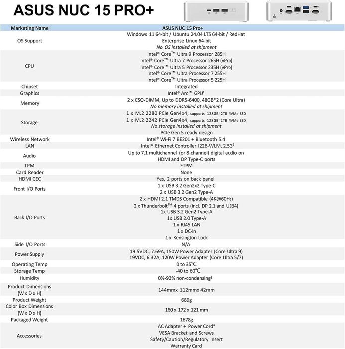 Sistem Mini Asus NUC 15 Pro Plus Ultra 9 285H no RAM no Storage Wifi 7