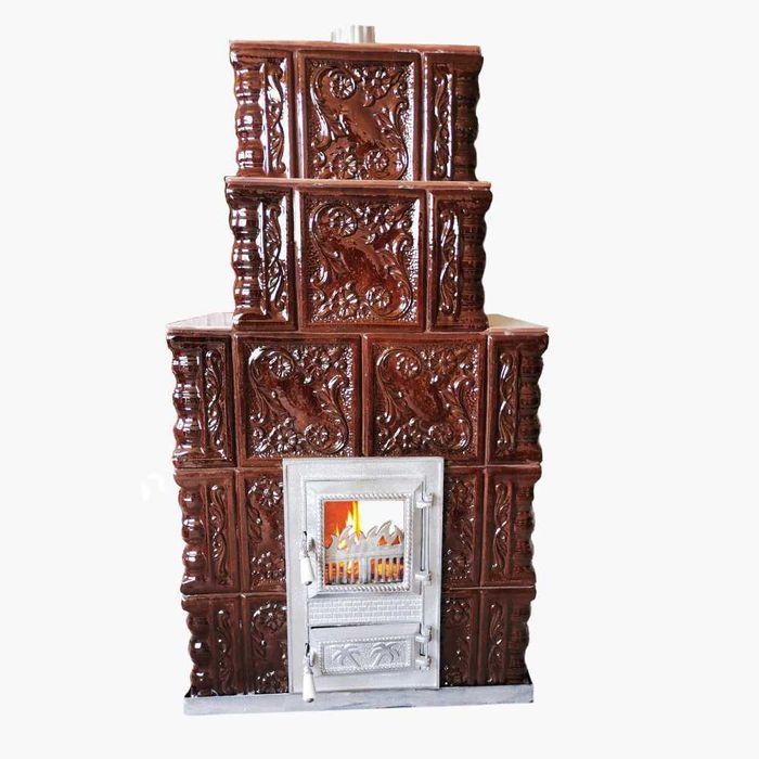 Soba de teracota maro tip semineu, usa cu geam