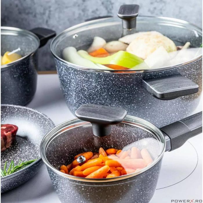 Set oale si tigai, 12 bucati, acoperit antiaderent, gri cu manere din