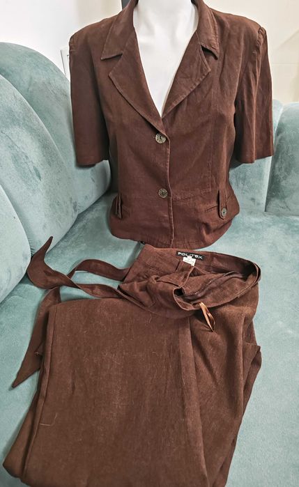 Set compleu (co-ord) culoare maro ciocolatiu, din in - jachetă și pantaloni - Politex, Mărimea 44