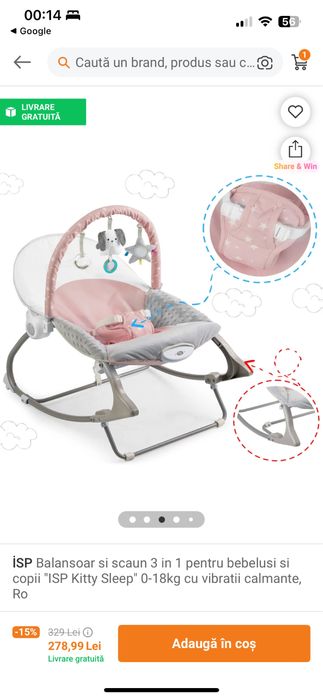 Balansoar si scaun 3 in 1 pt bebelusi cu vibratii calmante