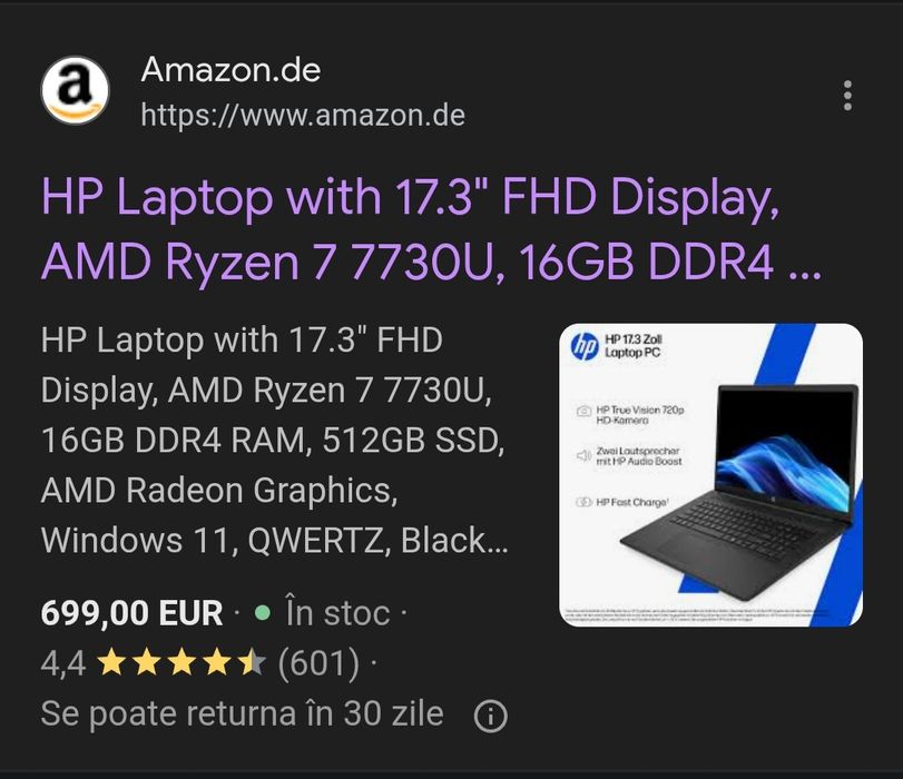 HP ecran FHD de 17,3", AMD Ryzen 7 7730U, 16 GB RAM, 512 SSD, SIGILAT