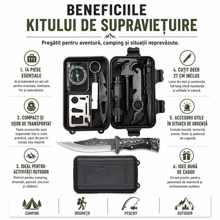 Kit supravietuire 14 piese, cutit Deer 27 cm, lanterna LED, busola, amnar, bratara paracord, camping, drumetii, outdoor, negru