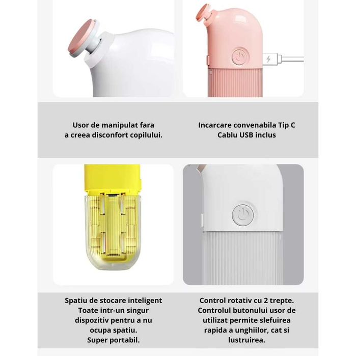 Pila Electrică Portabilă pentru Unghii, 7 Capete de Pilire, 2 Viteze