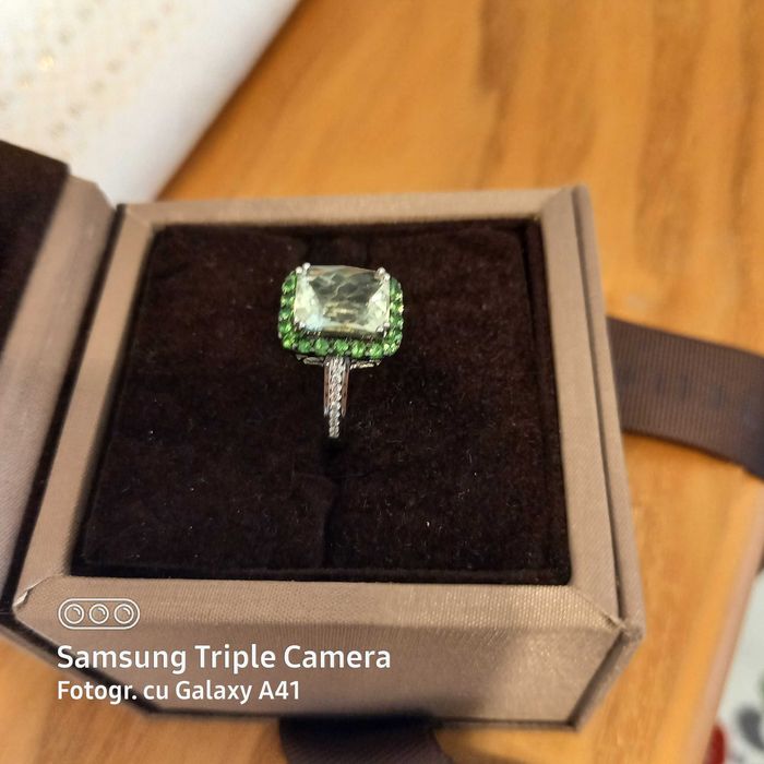 Inel cu diamnate, ametist verde si pietre granat