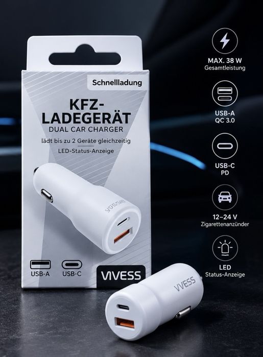 Автомобилно зарядно VVESS 38W | USB-C PD + USB-A QC 3.0 | Dual Charger