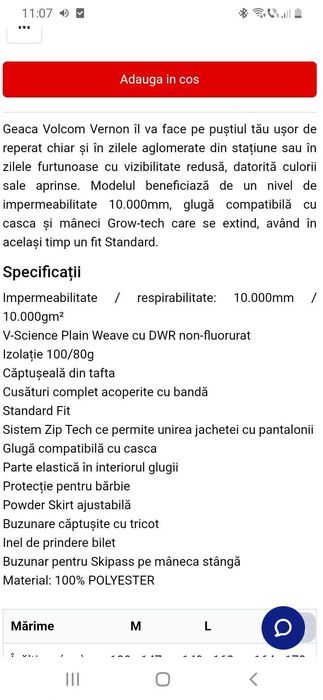 Costum complet ski Volcom 14 ani, pantaloni și geaca, că nou