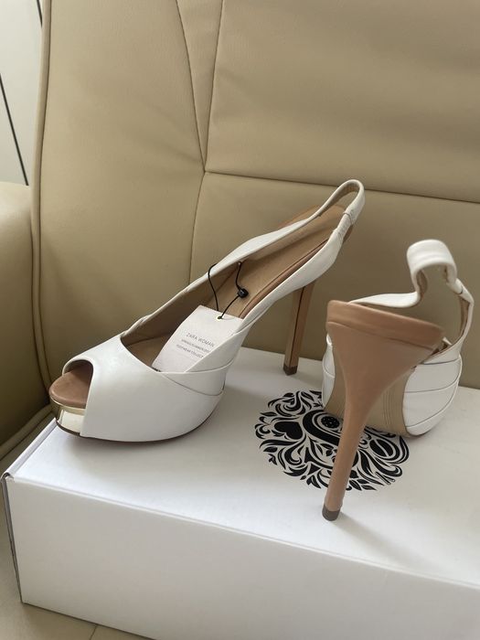 Pantofi -sandale noi zara nr 36, alb/ nude ,piele naturala, nu Musette