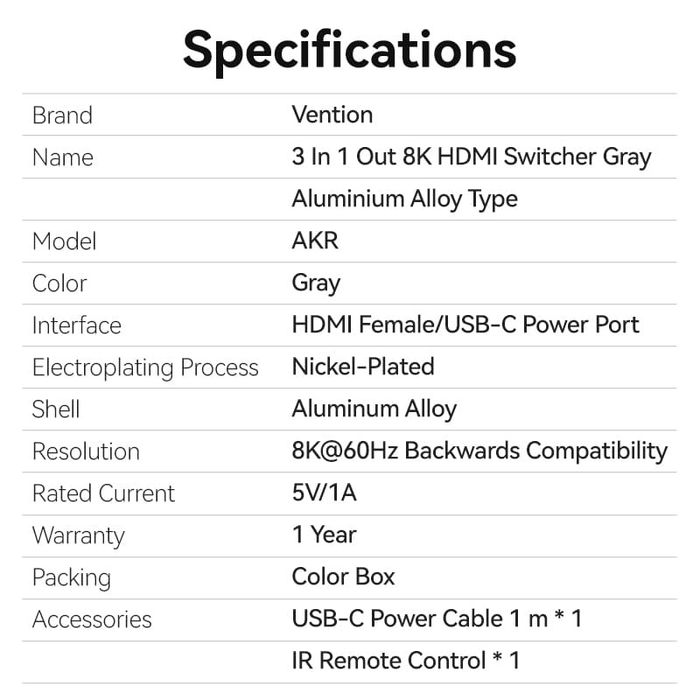 Vention HDMI 2.1 Splitter Switch 8K 60Hz 3 In 1 Out – TV, Xbox, PS5, Set Top Box, Monitor
