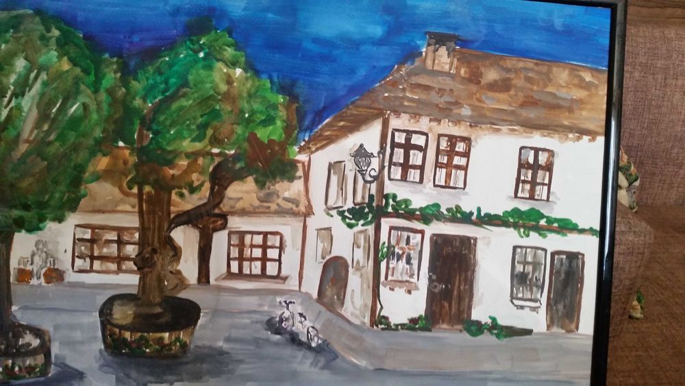 Синьо небе. Пейзаж, рисуван на ръка. Голям размер.