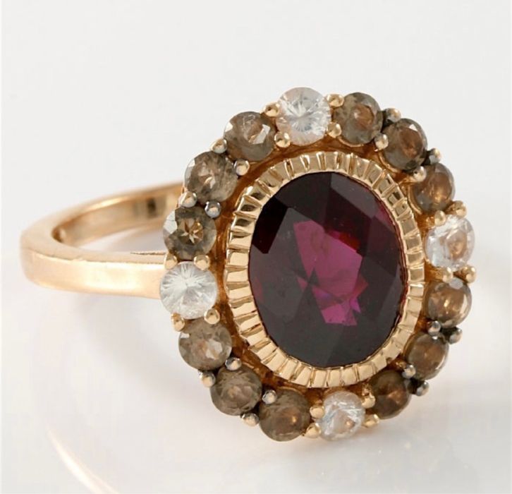 LeVian-inel aur 14 k cu sapphire,cuart fumuriu natural,granat