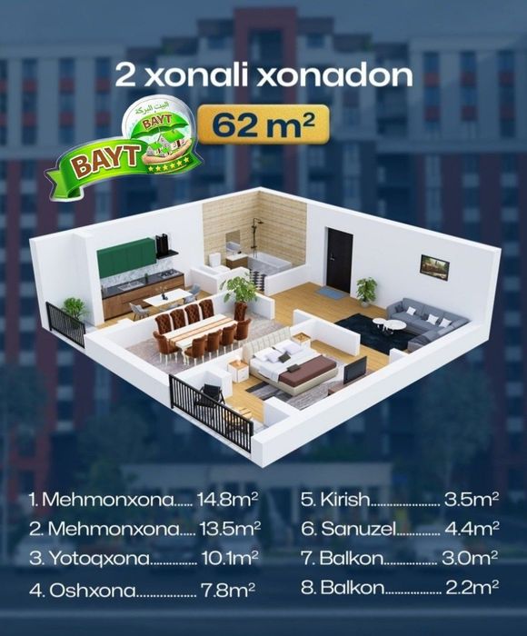 • Новостройка 2/3/14 Спутник-8 62м² Продаётся квартира