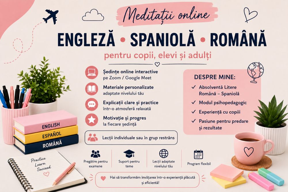 Oferim meditații la engleză, spaniolă și română, online.