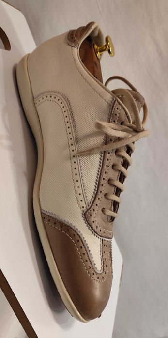 Pantofi casual de lux 43 43.5 SANTONI piele naturala moale alb bej camel