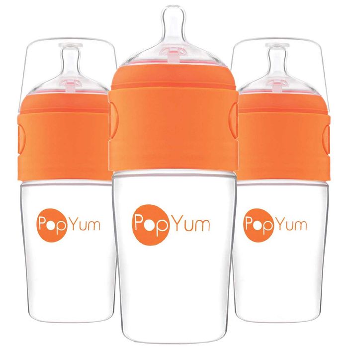 PopYum 9 oz Orange Anti-Colic Formula Making/Mixing/Dispenser Sticle pentru copii, 3-Pack cu #2 Medium Flow Nipples, 260 ml, BPA-Free, Natural Latch