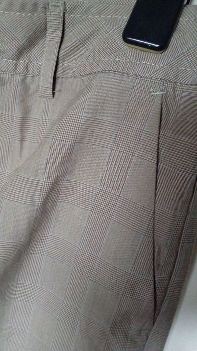 pantaloni Stefanel, ecosez gri - bleu, largi, cu manseta, 40/S, noi