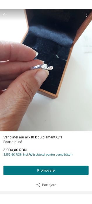 Vând inel aur alb cu diamant de 0,11 karate