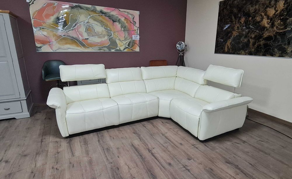 Кремав кожен ъглов диван "Cadenza" с електрически релакиращ механизъм