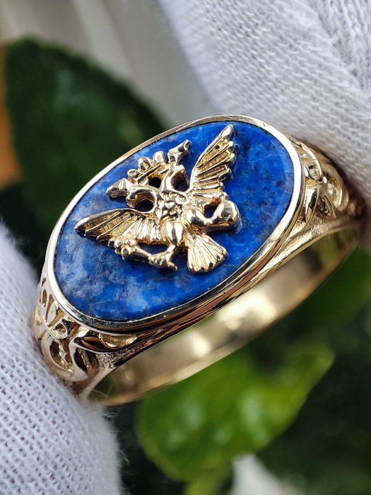 Inel aur Faberge 14k Lapis Lazuli ghiul aur barbatesc diplomat Frankli
