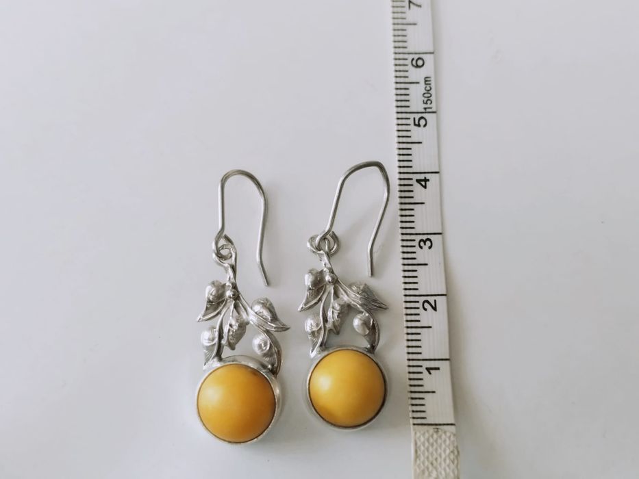 Vechi cercei din argint de 925, Art Nouveau, model floral si chihlimbar natural baltic galben, egg yolk, rar