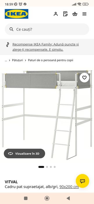 Pat etajat Ikea,din metal,alb,saltea inclusa