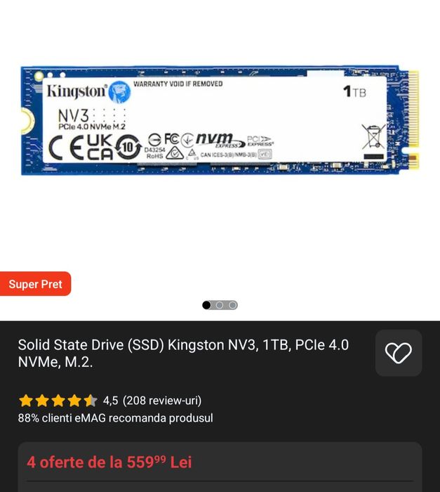 Okazie ‼️ SSD Kingston 1TB nv3 aproape NOU 20zile !