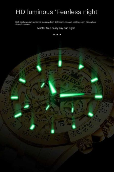 OLEVS Хронограф Многофункция Кварц,Скелет, Hollow Out,HD Светещ,3 АТМ